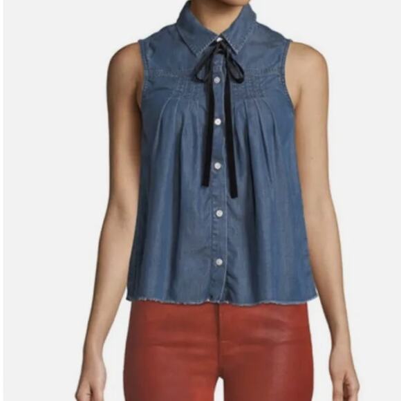 Frame Denim Sleeveless Button-Front Pintuck Chambray Shirt Vest in Springfield M - Picture 1 of 10